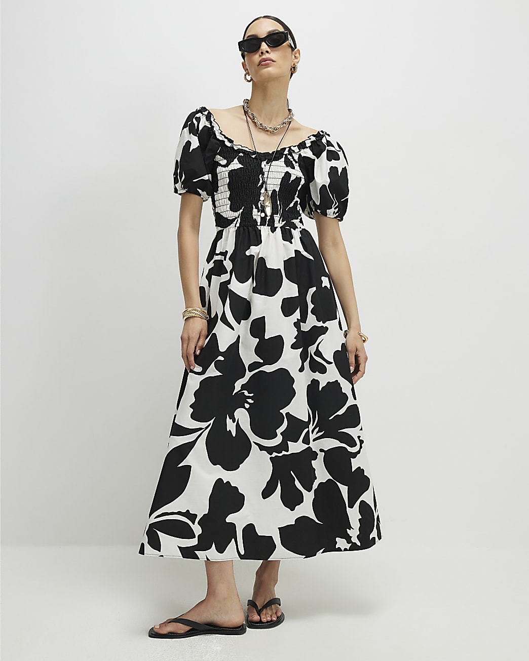 River Island 白色印花中长裙