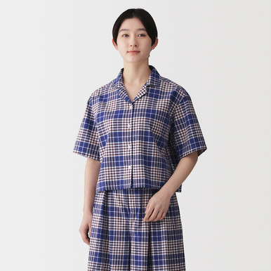 女式有机棉马德拉斯格纹短袖衬衫