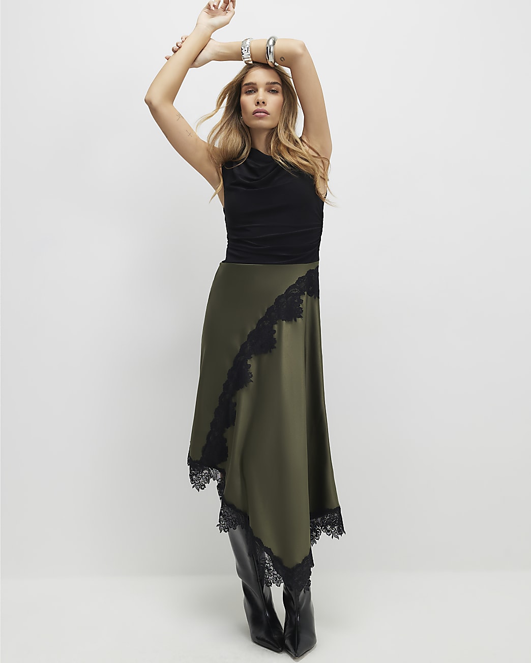 River Island 卡其蕾丝拼接连衣裙