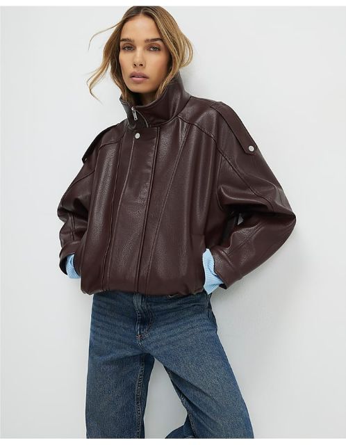 River Island 棕色仿皮立领夹克