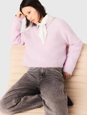  粉色可拆卸珠饰领针织衫 女士