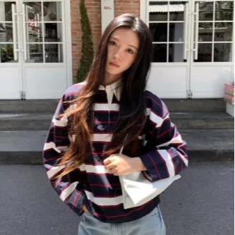 条纹棉质长袖橄榄球衫 藏青红色