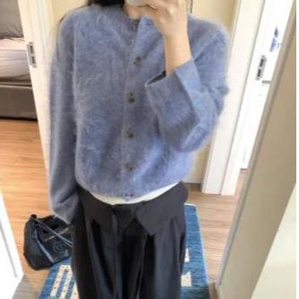 羊绒圆领开衫 蓝色