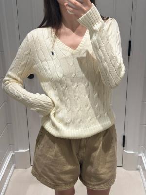 Ralph Lauren 麻花针织棉V领女士毛衣