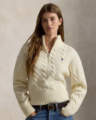 Ralph Lauren 绞花羊毛羊绒半拉链针织衫 女士