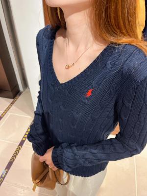 Ralph Lauren 麻花针织棉V领女式针织衫 猎人海军蓝