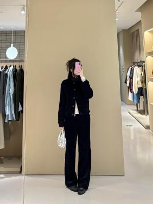 羊毛薄纱直筒长裤 黑色