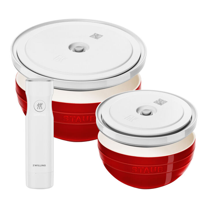双立人 Fresh & Save BOWLS 带泵和真空盖的碗套装,5件套 / 18/24厘米 / M/L,樱桃红/白色