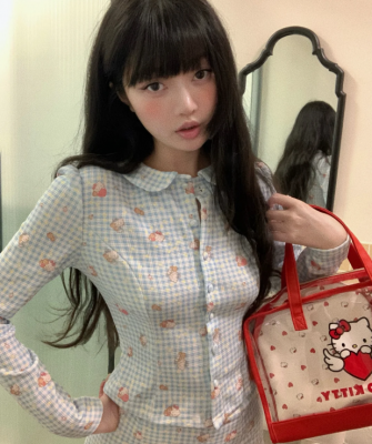 Hello Kitty蓝色格纹上衣+短裙套装