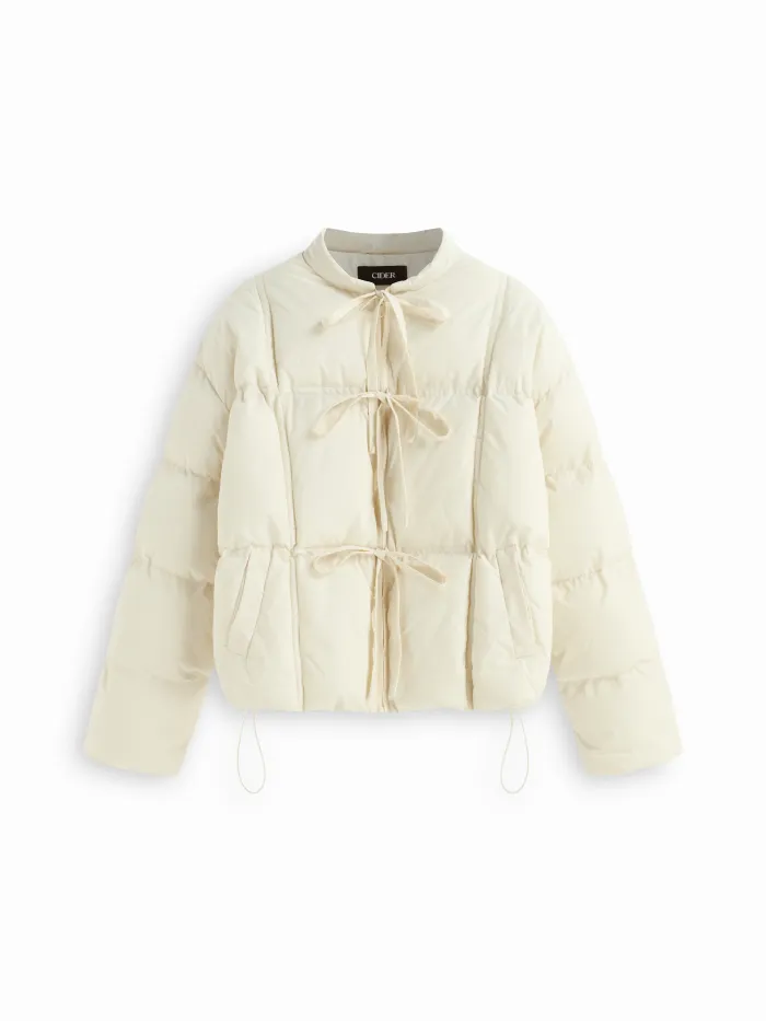 立领蝴蝶结拉链超大款短款羽绒服