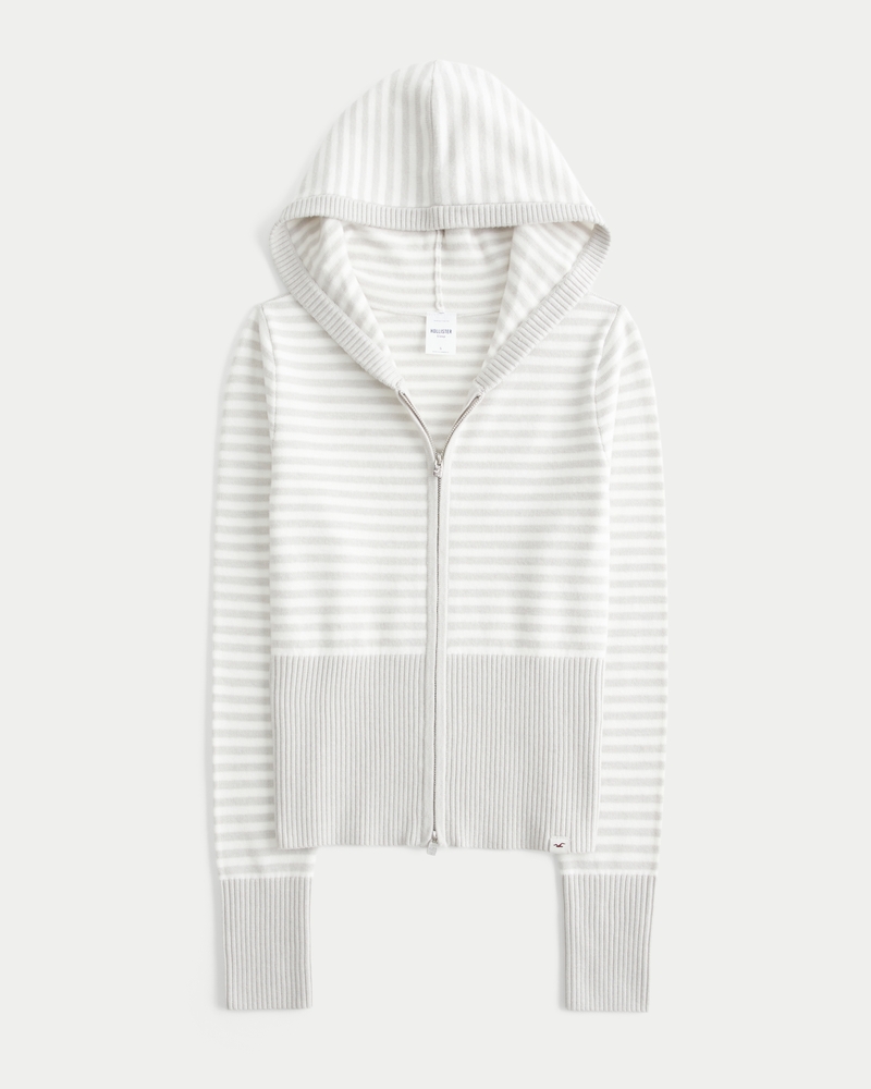 Hollister 条纹拉链连帽针织外套 白条纹