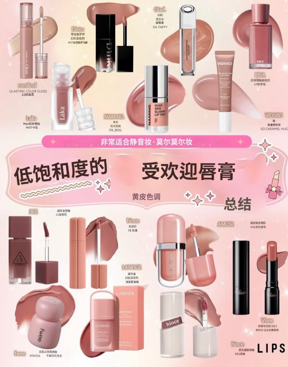 低饱和度人气唇膏合集,粉调裸杏与灰调奶咖两种色系一图看懂