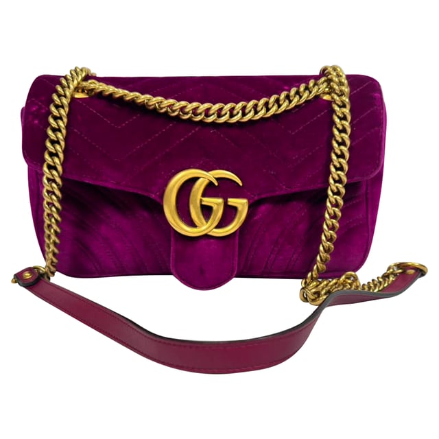 Gucci GG Marmont 迷你绗缝链条包 紫色天鹅绒(二手正品)