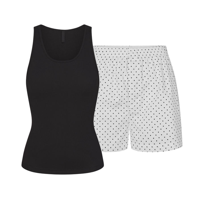 SKIMS Cotton Poplin 平角睡衣套装 · 墨黑波点(2 件)