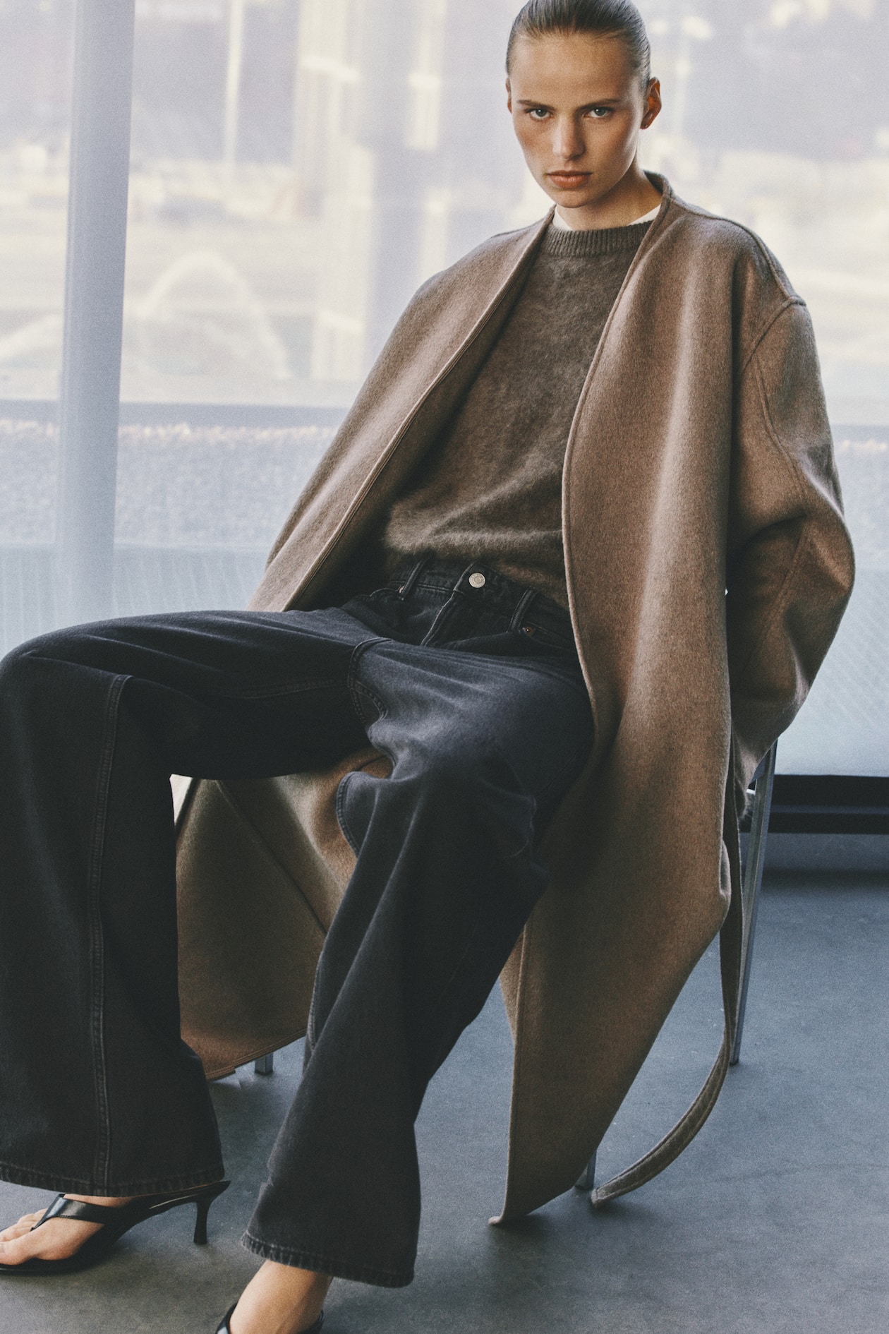 H&M 羊毛混纺系带长大衣