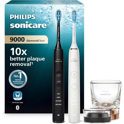 飞利浦 Philips Sonicare DiamondClean 9000 声波电动牙刷 双支装(黑色+玫瑰金白,HX9914/57)