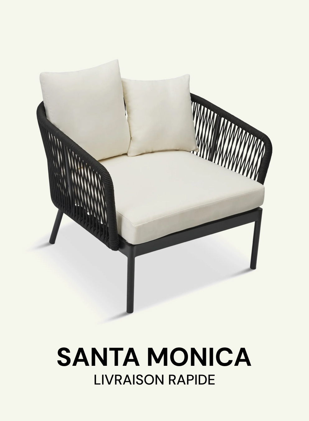 Santa Monica户外扶手椅,米白色座垫,绳编与黑色金属框架,70x87