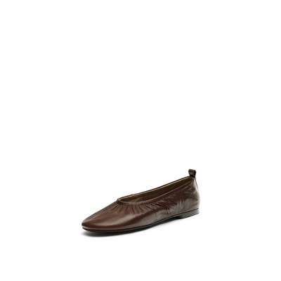 Massimo Dutti 棕色褶边皮革芭蕾平底鞋