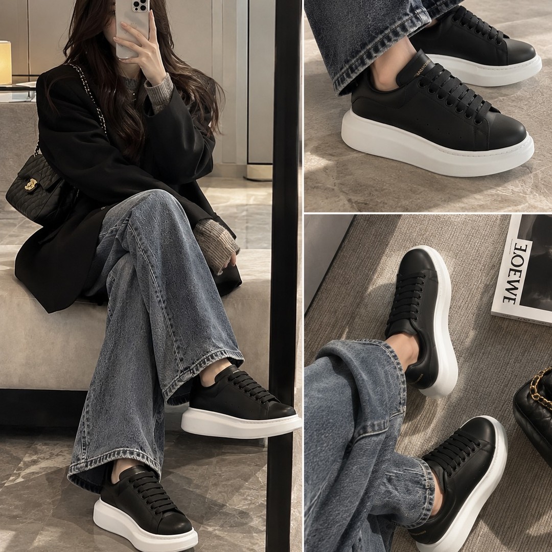 Alexander McQueen 皮革运动鞋 黑色白底 女款 35-41码