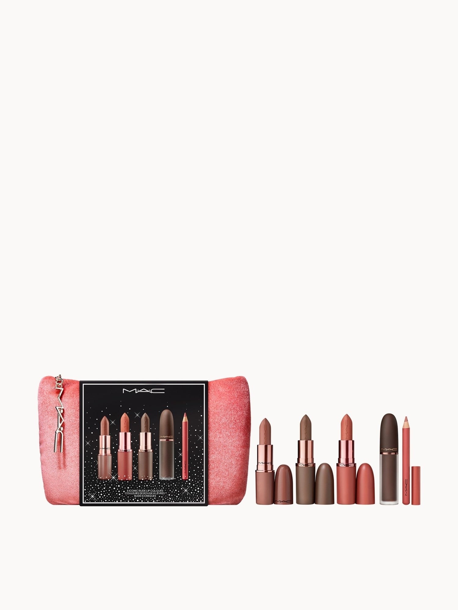 MAC Celebrity Nudes裸色唇妆五件礼盒+化妆包|Cool Teddy哑光唇膏(净含量待核)+Stone缎光唇膏3.5g+Alone Time亮泽唇膏3.5g+Chestnut液体唇妆5ml+Cool Spice唇线笔0.6g+化妆包1个