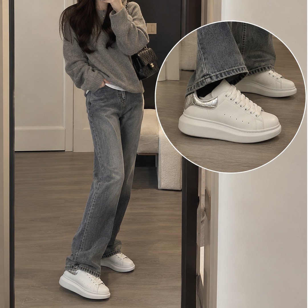 Alexander McQueen 皮革运动鞋 白色银跟 女款 35-41码