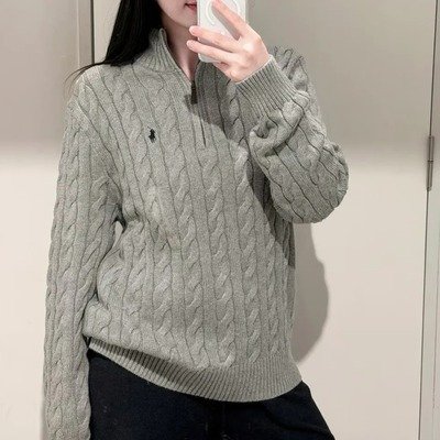 Ralph Lauren 女款深灰色半拉链麻花毛衣