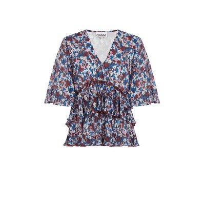 GANNI女款Pleated Georgett花卉荷叶边上衣