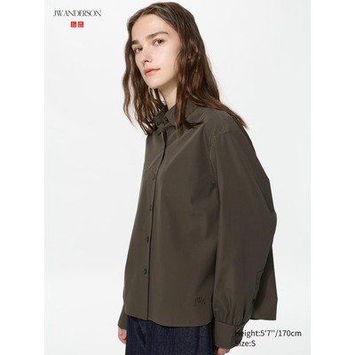 JWA 女款深棕色蓬袖棉衬衫