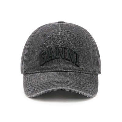 GANNI水洗黑花卉刺绣牛仔帽