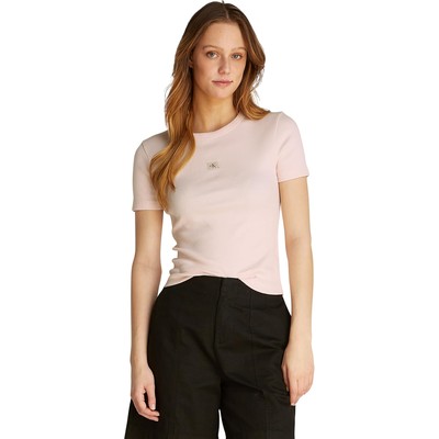 Calvin Klein 女士 Woven Label 修身罗纹短袖T恤(粉色 M 码,多色多码可选)