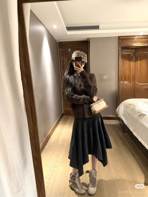 修身针织开衫  深棕色