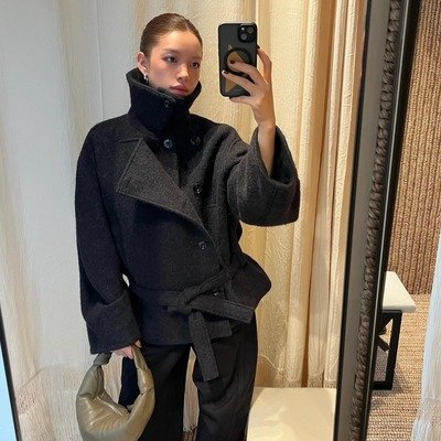 Lemaire女款黑色双排扣羊毛羊驼大衣