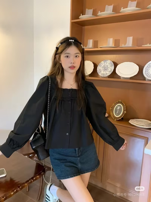 黑色方领棉质衬衫