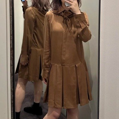 COS围巾细节低腰百褶连衣裙·棕色