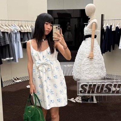 Shushu/Tong女款花卉棉质挂脖迷你裙
