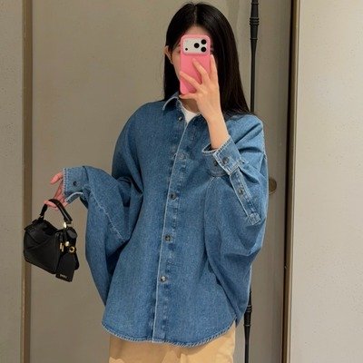 Loewe浅蓝水洗棉牛仔蝙蝠袖衬衫