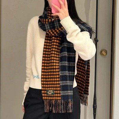 Loewe格纹羊毛羊绒围巾 Navy Blue/Orange