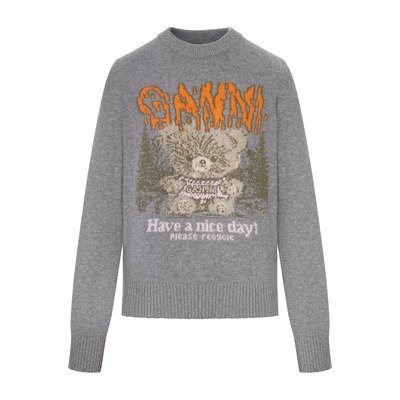 GANNI灰色小熊图案圆领毛衣